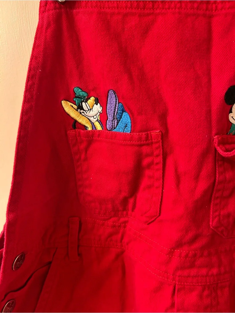 Vintage Disney Mickey Mouse Red Denim Embroidered Shortalls Overalls Wmn’s Sz L